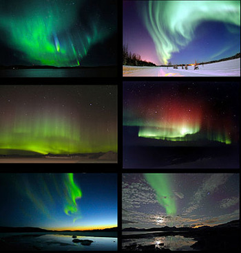 Images of the aurora australis and aurora borealis from around the world, including those with rarer blue and red lights